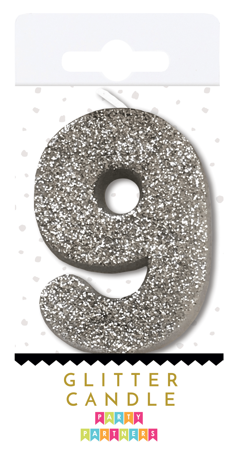 Silver glitter candle from Party Partners, featuring a tall, sleek design with shimmering silver glitter surface.